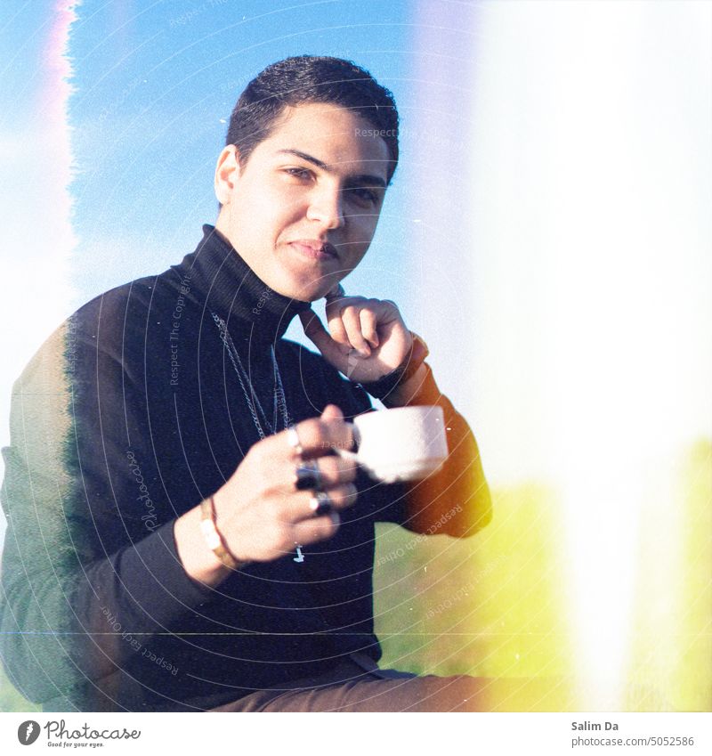 Awesome smiling man drinking coffee in a natural environment Aesthetics aesthetic Art artistic portrait awesome Beautiful Beautiful weather Sunlight sunny