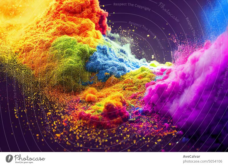 Multicolor splash of particles. Festival of colours. Powder burst isolated on back background. Paint splatter, splash and clouds. Textured chalk exploding in a bust of energy wallpaper.