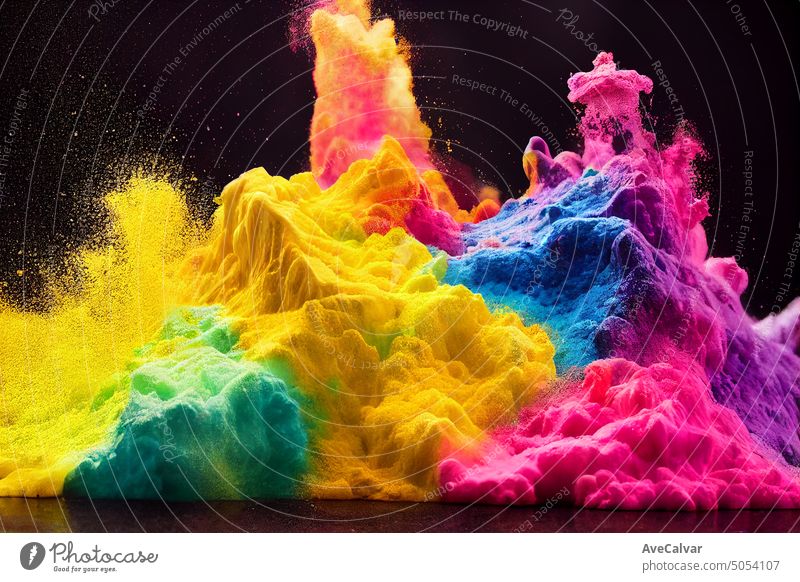 Multicolor splash of particles. Festival of colours. Powder burst isolated on back background. Paint splatter, splash and clouds. Textured chalk exploding in a bust of energy wallpaper.