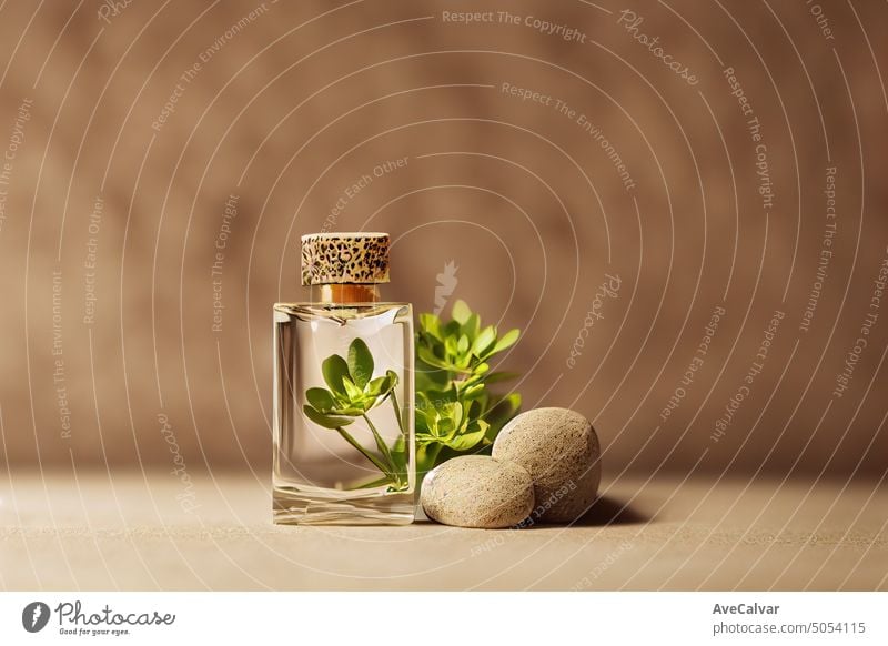 Mockup design of perfume bottle with plant branch on. Empty, blank and copy space wallpaper. Bottle of essential oil with herbs. Elegant and minimalistic podium scene for product presentation.