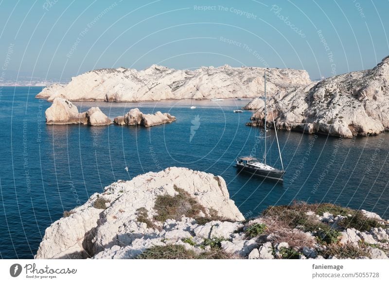 bay Mediterranean sea Bay boat boats sailboats ship Water Ocean Blue Turquoise Rock Limestone limestone rock White Nature Beauty & Beauty Beautiful weather Trip