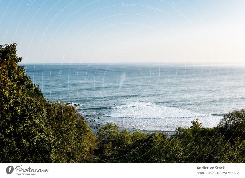 Sea waving near mountain shore sea wave nature evening lush plant water breathtaking alkolea beach mutriku gipuzkoa spain seascape picturesque scenic bush