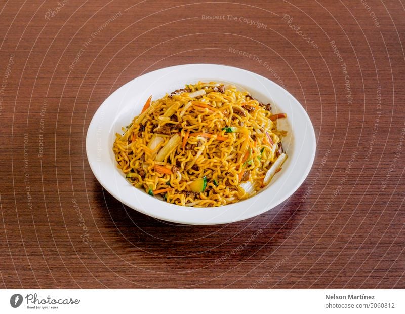 Japanese noodles food over a wooden background fast chinese spicey meat asian eating smoke delicious lunch meal traditional instant culture fast food cheap hot