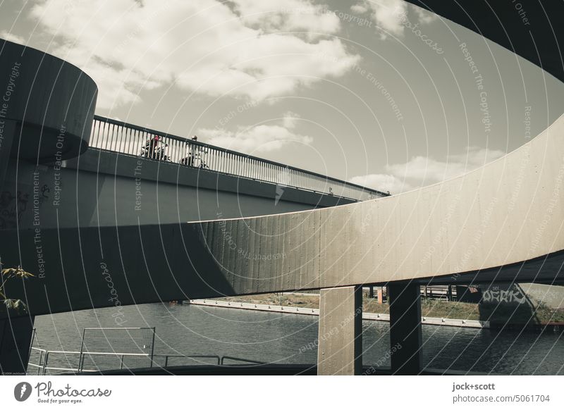 on sunny day people cross the pedestrian bridge made of prestressed concrete Bridge Charlottenburg Goerdelersteg Footbridge Architecture Neutral Background