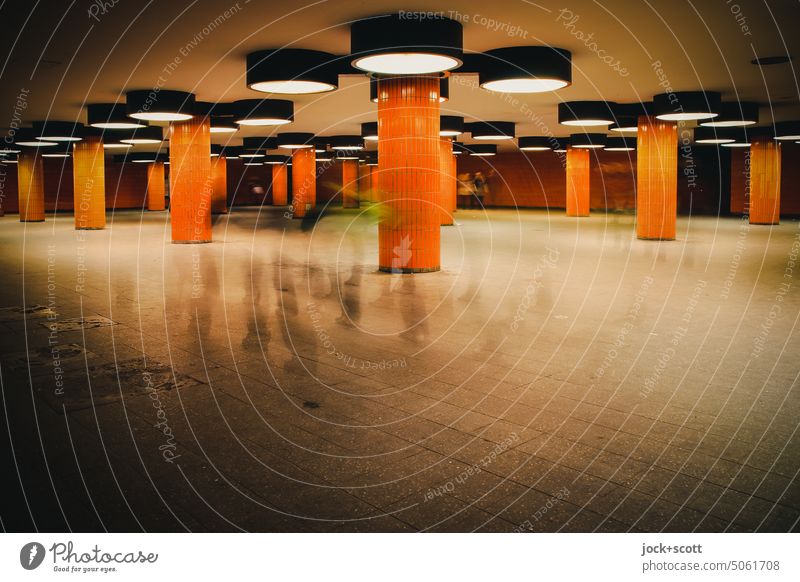 cross the underground with many steps Subsoil Orange Column Architecture Tile Retro Lighting motion blur Shadow Lanes & trails Underground Underpass Passage