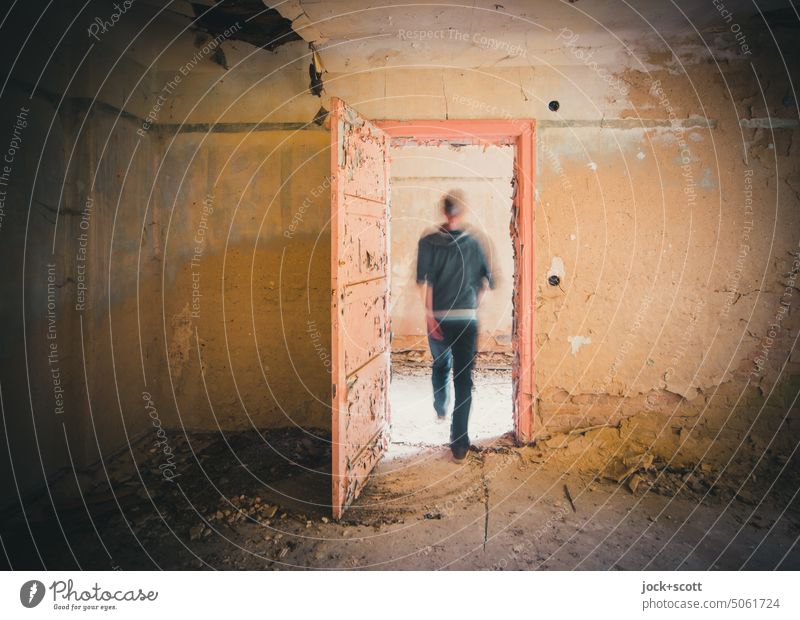 Passage in time Man lost places Movement Wall (building) door Ravages of time Transience Sanitarium Long exposure motion blur Apocalyptic sentiment Rear view