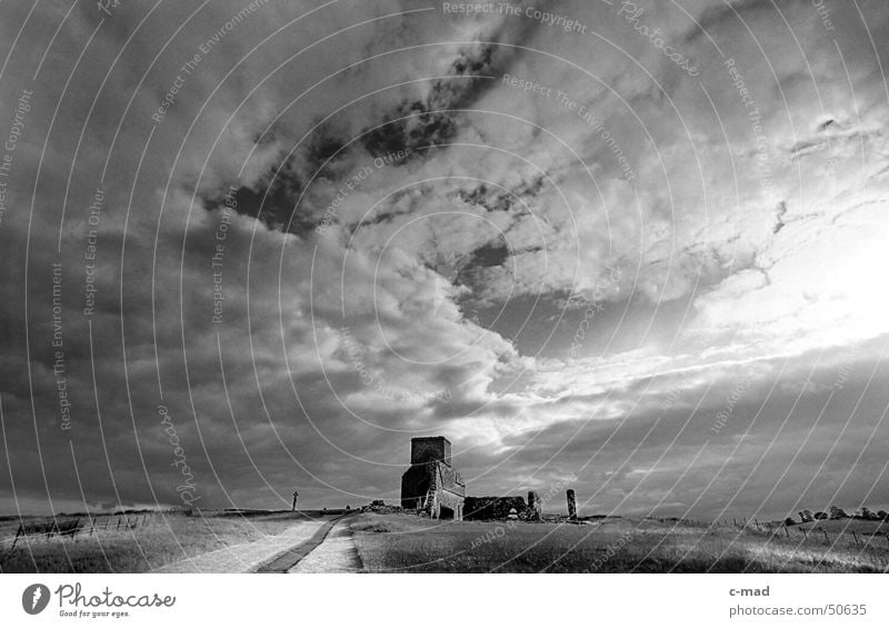 Abbey on Derwenish Island Northern Ireland Manmade structures Ruin Celts Cemetery Grave Clouds Black White Summer Back-light River Tower Construction site