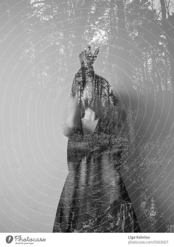 Double exposure of woman and fall Silhouette Abstract Illusion Reaction Experimental Surrealism Structures and shapes Fantasy Human being Trees concept