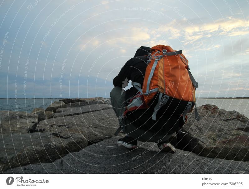 same guy same place Vacation & Travel Tourism Trip Hiking Human being Masculine 1 Water Sky Clouds Beautiful weather Rock Coast Backpack Observe Crouch Study