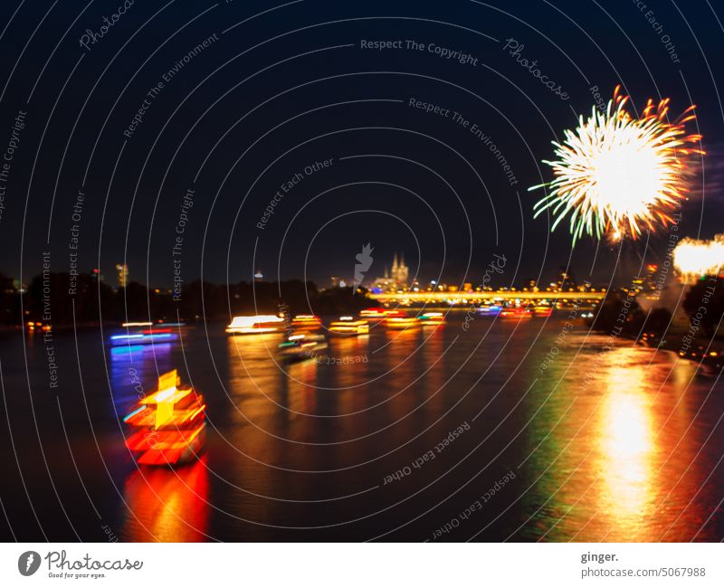 Cologne Lights II (Colorful fireworks and light spectacle, ships with colorful lights on the Rhine) mirror Sky River Firecracker Colour Glittering Bright