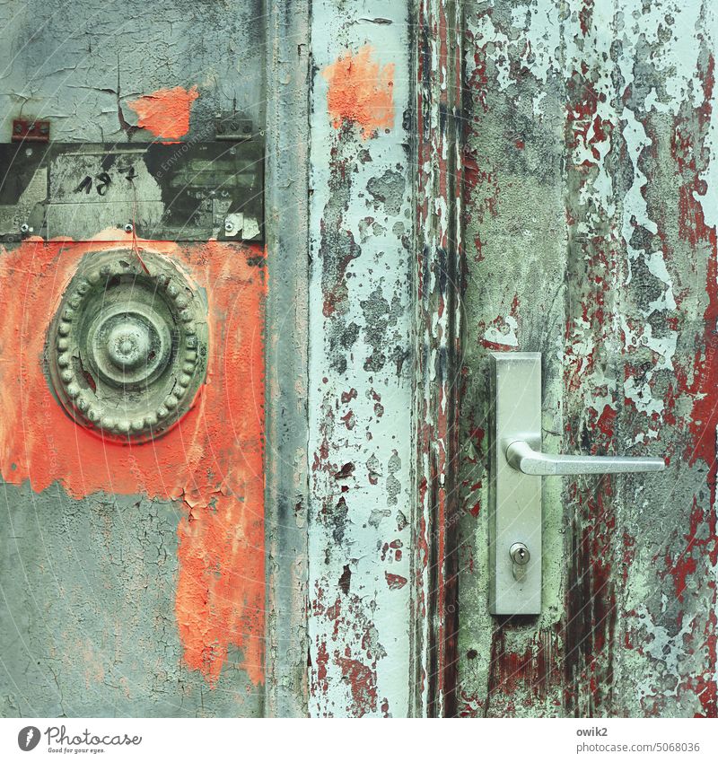 Test result door brushed Paintwork signal red bright red luminous paint Remains Patch of colour Ornament door handle Contrast Metal defective Broken Derelict