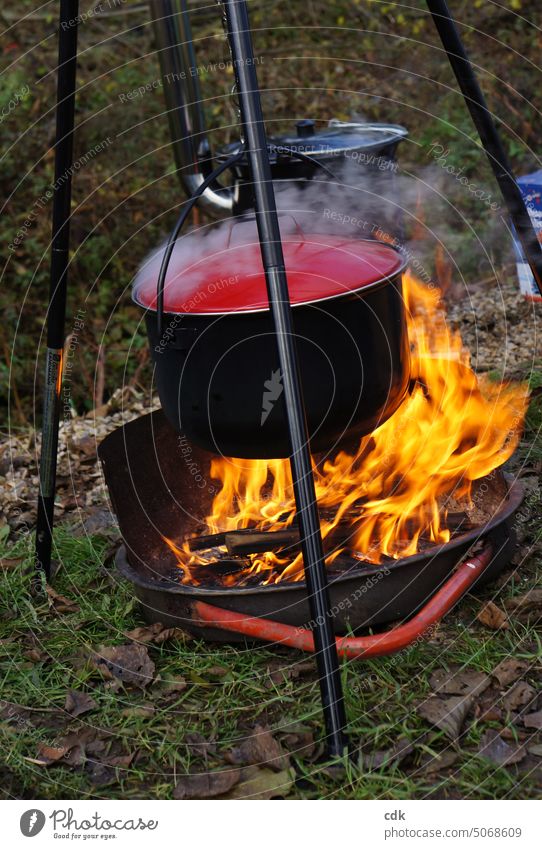 A large cooking pot hangs over open fire of a fire bowl. Fire blaze Burn Logs Wood out Warmth ardor campfire Fireplace Hot Embers Flame Dangerous Glow Bright