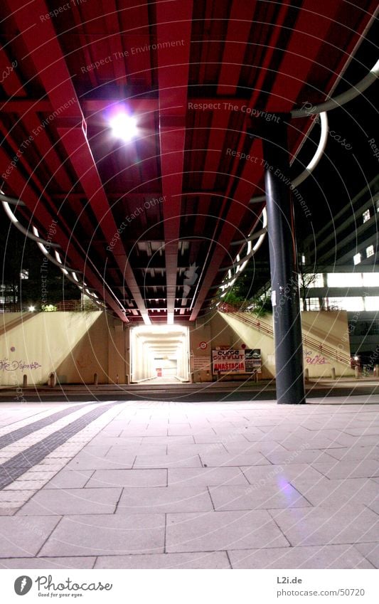 on the way to ... Light Bielefeld Tunnel Lamp Wall (barrier) Night Dark Red White Gray Black Bridge Academic studies Street Column Modern Center point Graffiti