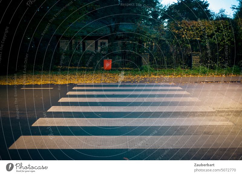 Illuminated crosswalk in the evening, orange accent by trash can, behind it a fence and the facade of a half-timbered house Zebra crossing Evening Twilight