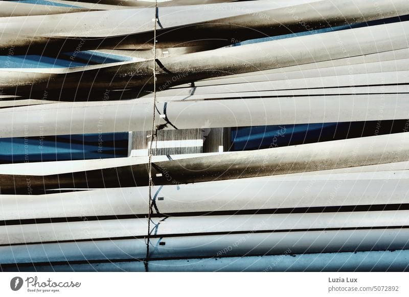 Light, shadow, strong blue - objectively a defective aluminum blinds Shadow Glistening glistening light Sunlight sunshine Roller blind Broken broken warped Blue