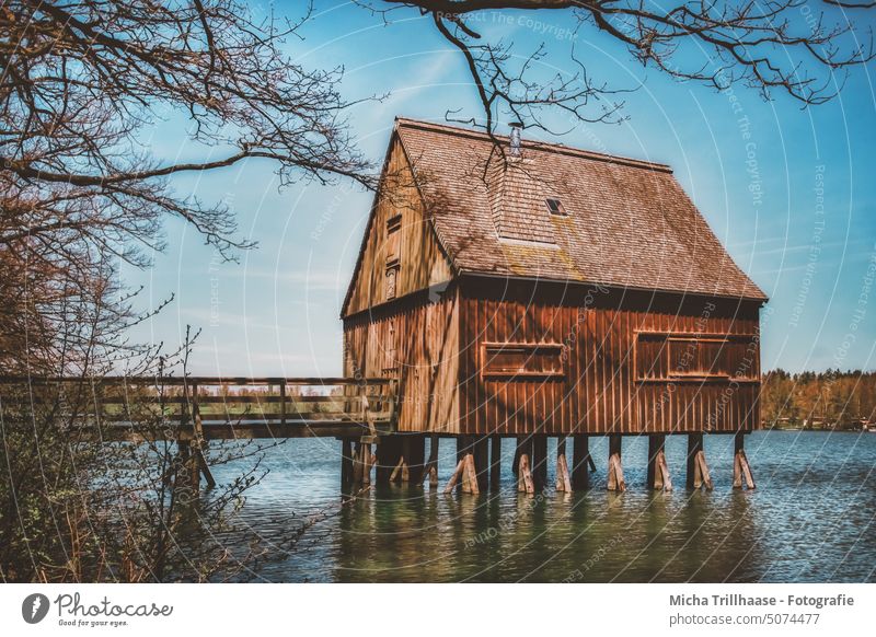 Lake pile house Plothener Ponds Pile-dwelling Thuringia slate mountains Water Footbridge Bridge Wooden house bank trees branches twigs Sky Clouds Sun sunshine