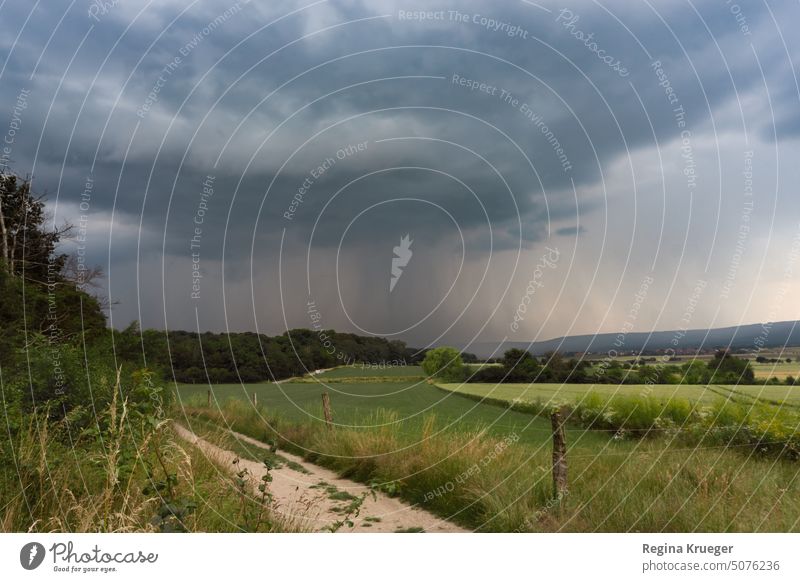 Heavy downpour from thunderstorm cell in distance over green hilly landscape Rain raindrops Wet Nature Autumn Moody Colour photo Exterior shot Damp naturally