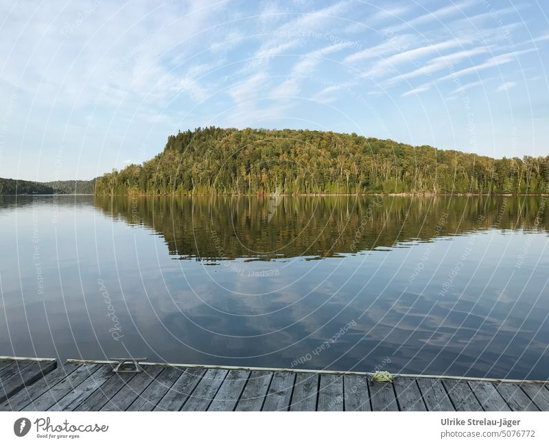 Lake with jetty and reflection in Canada Footbridge Reflection in the water Calm Peaceful peaceful atmosphere Lakeside Water Landscape Exterior shot Deserted