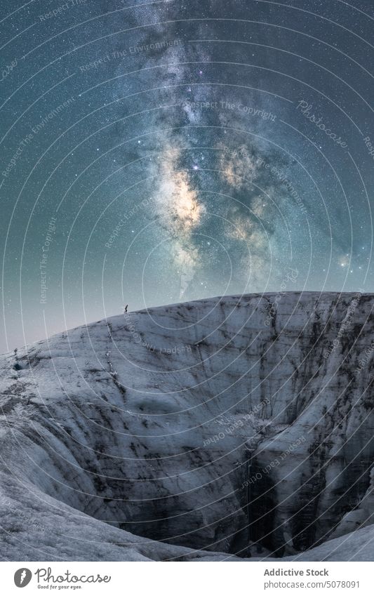 Vatnajokull Glacier with snow under sky with many sparkling stars and Milky Way vatnajokull glacier milky way picturesque valley vatnajokull national park night