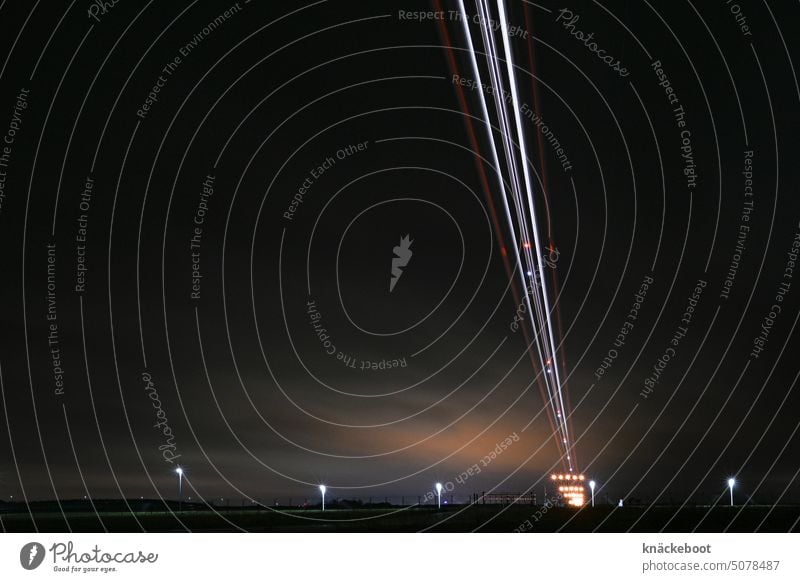 landing approach Long time exposed Long exposure Sky Night Tourism Dark Airplane Airport Airplane landing Aviation Flying Runway