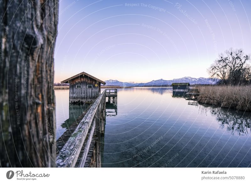 Boathouse at Chiemsee Lake Chiemsee Bavaria Nature Germany Water Landscape Exterior shot Sky Vacation & Travel Deserted Clouds Reflection Alps Lakeside