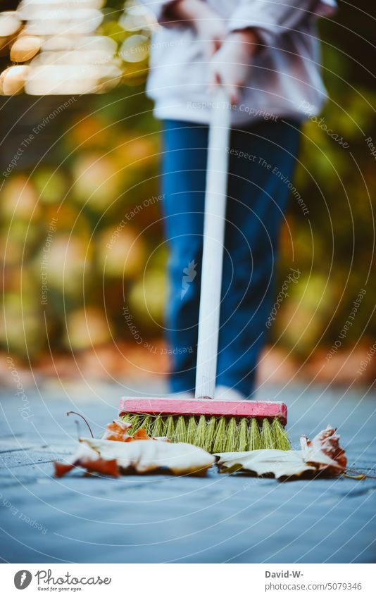 Child sweeps leaves together foliage Autumn out Parenting Diligent Girl Autumnal being out Broom Early fall