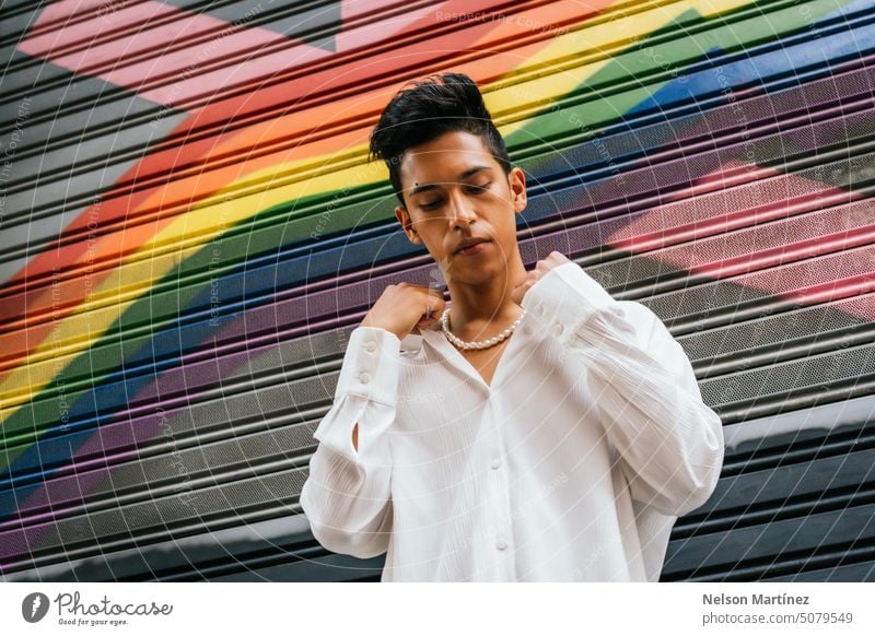 Hispanic man on a LGTB flag background green pastel hispanic latin gay lifestyle beautiful model young trendy young men stylish male photogenic portrait 1 youth