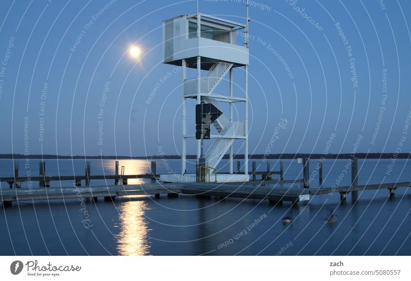 moonstruck Moon Moonlight Moonrise moonlight Lake Müggelsee Water Tower rescue tower Night Night sky Full  moon Blue Twilight Nature Landscape Dark Sky Evening