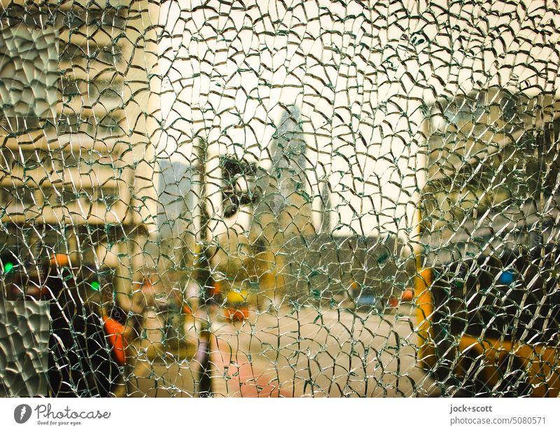 Berlin puzzle | glass break with view of the Memorial Church broken glass Broken Safety glass Vandalism Damage Glass Crack & Rip & Tear memorial church