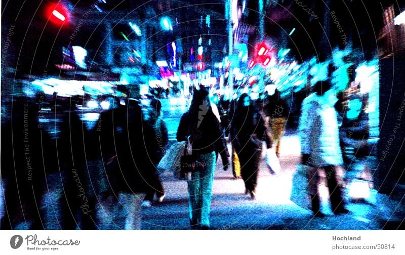 New York at night New York City Chinatown Street Human being Street lighting Pedestrian Sidewalk Shop window Blue alienated Lights in the night