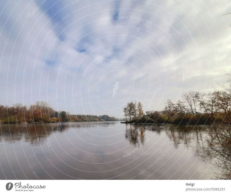 still rests the lake - moor lake, trees and bushes with reflection in water and cloudy sky Lake Moor lake Landscape Nature Lakeside Tree shrub Sky Clouds Autumn