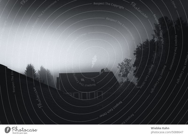 View from a skylight on a roof slope to a house opposite. With trees on the sides. Foggy morning atmosphere. Misty atmosphere morning mood