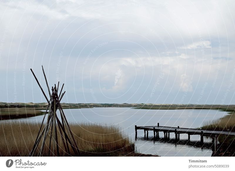 Places that mean something | Danish Fjord Water Nature Footbridge Wood Sky Calm Landscape Clouds Idyll reed Denmark Deserted Vacation & Travel wooden poles