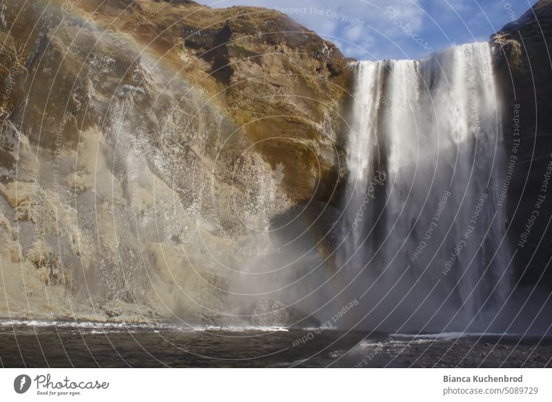 Iceland iconic Skógafoss waterfall in sunshine and with rainbow Waterfall Rainbow Landscape Rock Wall of rock Colour photo Nature Exterior shot Deserted