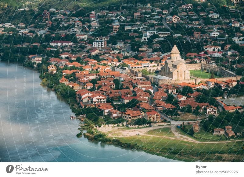 Mtskheta Georgia. Top View Of Ancient Town scenic river famous historic cityscape church sightseeing landscape architecture caucasus Aragvi summer georgia