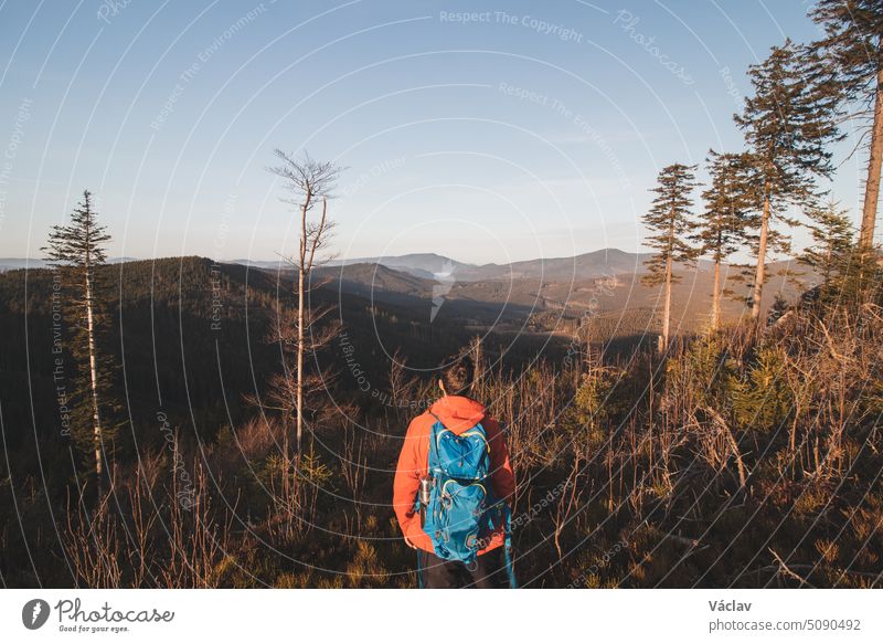 Active hiker enjoys the feeling of reaching the top of the mountain at sunrise. A hiker is enlightened by the morning sun and enjoys the view to valley. Beskydy mountains, Czech Republic