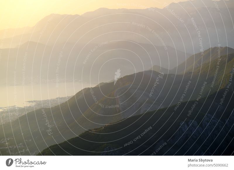 Amazing aerial view of range near Kotor Bay, Montenegro. Breathing panorama of Balkan mountains taking from Lovchen National Park. silhouette bay tonal