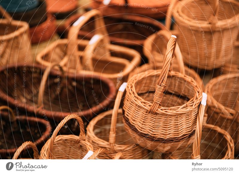 Handcrafts, Handmade Wicker Baskets In Local Market market old vintage handmade yellow wicker basket decoration closeup weave empty natural handicraft brown