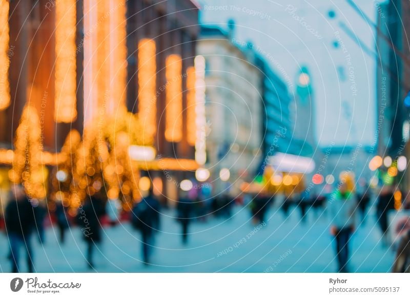 Helsinki, Finland. New Year Boke Lights Xmas Christmas Decoration And Festive Illumination In Aleksanterinkatu Street. Natural Defocused Blue Bokeh Background Effect. Design Backdrop