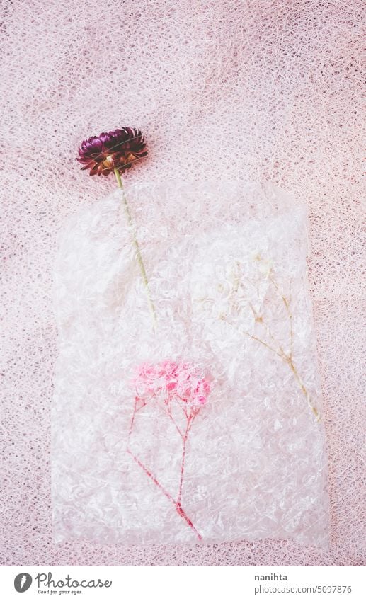 Floral background in pink tones with dried flowers and transparent plastic floral flat lay vertical romantic naive pastel colors love lovely dry decor