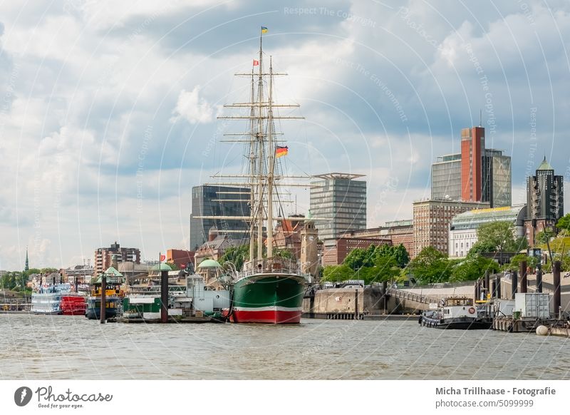 Hamburg harbor and skyline Harbour Landungsbrücken Skyline ships boats Port City Town Port of Hamburg Navigation Elbe Tourism Tourists travel City trip Maritime