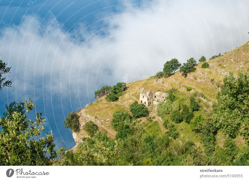 Path of the gods -view from above of a stone hut and the Gulf of Naples in fog and sunshine Sentiero degli dei Nature Landscape Lanes & trails Gulf of Napels