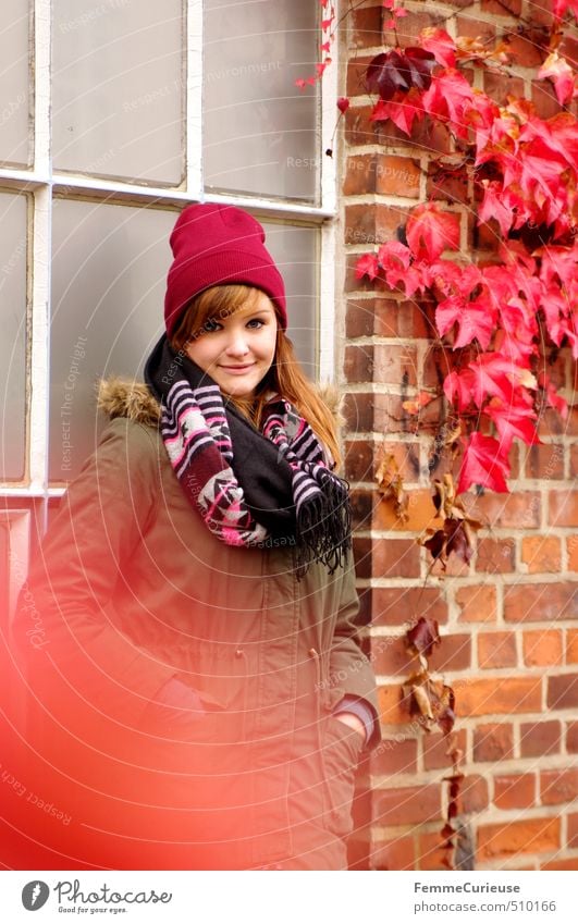 Red Autumn (II). Style Feminine Young woman Youth (Young adults) Woman Adults 1 Human being 18 - 30 years Nature Autumn leaves Colour Ivy Brick Wall (building)