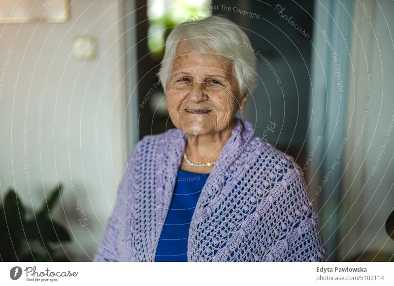 Portrait of an elderly woman in her home smiling happy enjoying positive people senior mature female house old aging domestic life grandmother pensioner retired