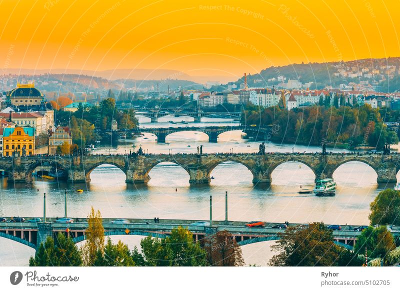 Prague, Czech Republic. Evening Cityscape In Sunset Time. Manes Bridge, Charles Bridge In Prague, Czech Republic view historic prague praha sunrise nobody city