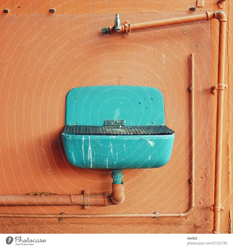 coloured fabrics Sink Old Metal Drainpipe Plastic Wall (building) Colour photo Still Life Detail Washhouse Long shot Grubby Patient Arrangement Copy Space right