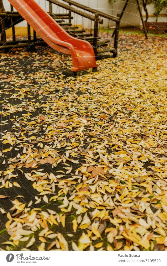 Red Slide with Yellow leaves Playground playground equipment Park Playing Colour photo Children's game Kindergarten Day Exterior shot Leisure and hobbies