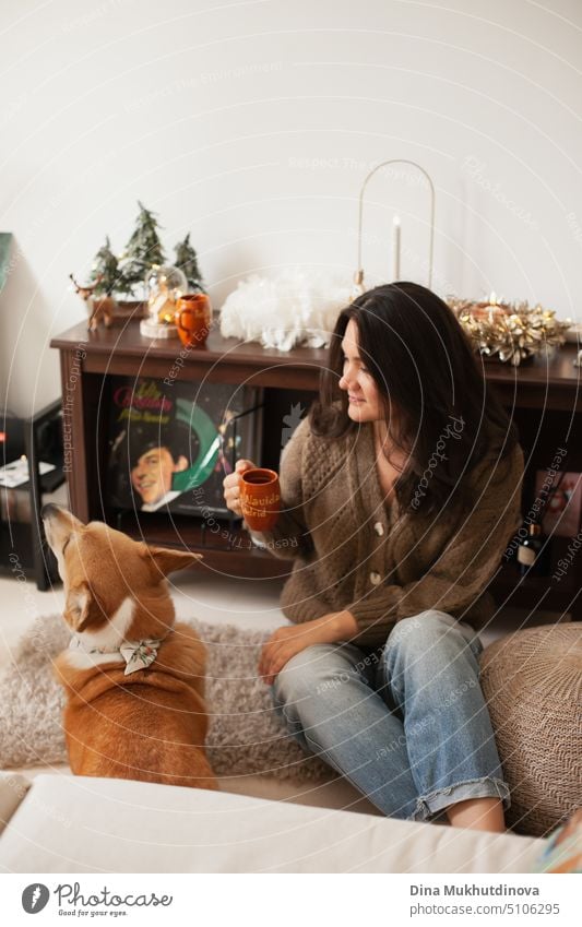 Adult brunette caucasian woman playing with corgi dog and drinking coffee at home apartment decorated for Christmas holiday season. beautiful happy attractive