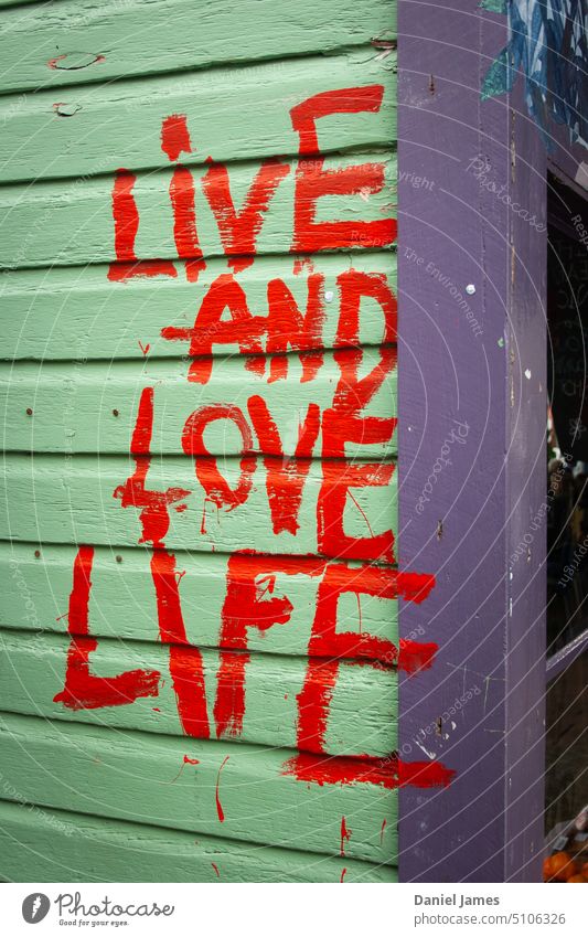 Roughly painted graffiti on wooden wall with a positive affirming message. Graffiti Slogan Timber Wall (building) colourful Positive Inspiration messy drips