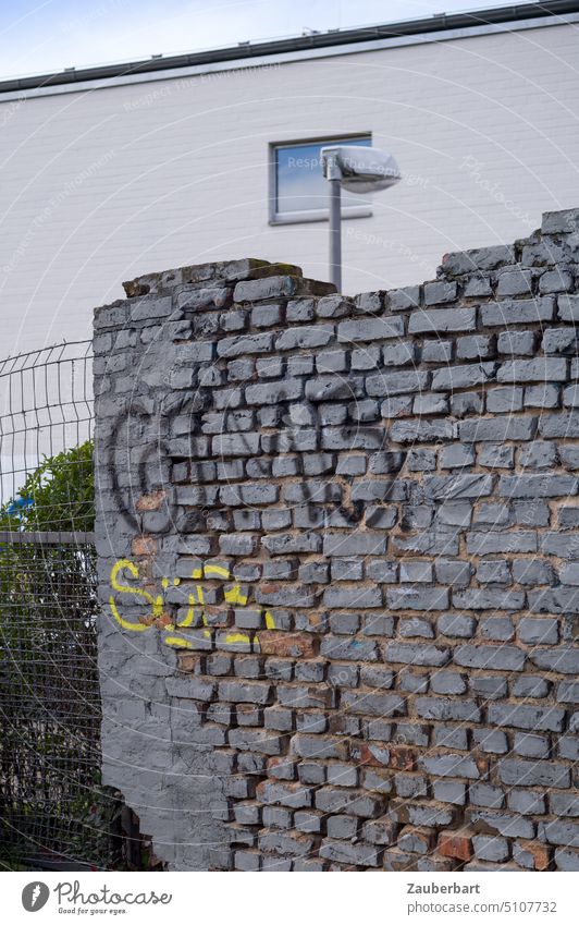 Wall with unplastered bricks, street light and window Wall (barrier) Unplastered streetlamp Window Wall (building) Graffiti Contrast urban Rough makeshift